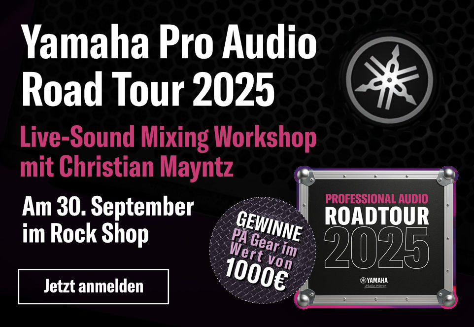 Yamaha Pro Audio Road Tour 2025 Ankündigung mit Workshop von Christian Mayntz am 30. September im Rock Shop und Gewinnchance auf PA-Equipment im Wert von 1000 Euro.
