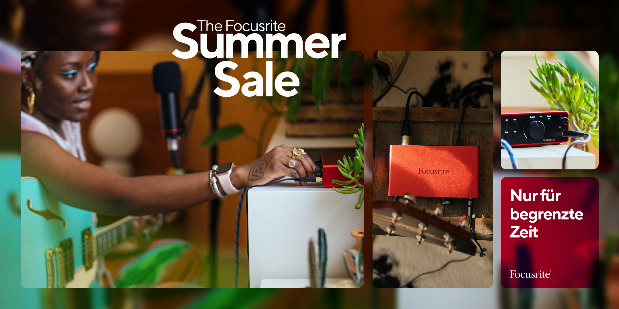 Focusrite Summer Sale Banner mit dem Bild einer Frau mit Gitarre, CM25 MkIII Kondensatormikrofon & der rechten Hand am Regler eines Scarlet 2i2. Daneben weitere Bilder des Audiointerfaces & eine rote Textbox „Nur für kurze Zeit.“