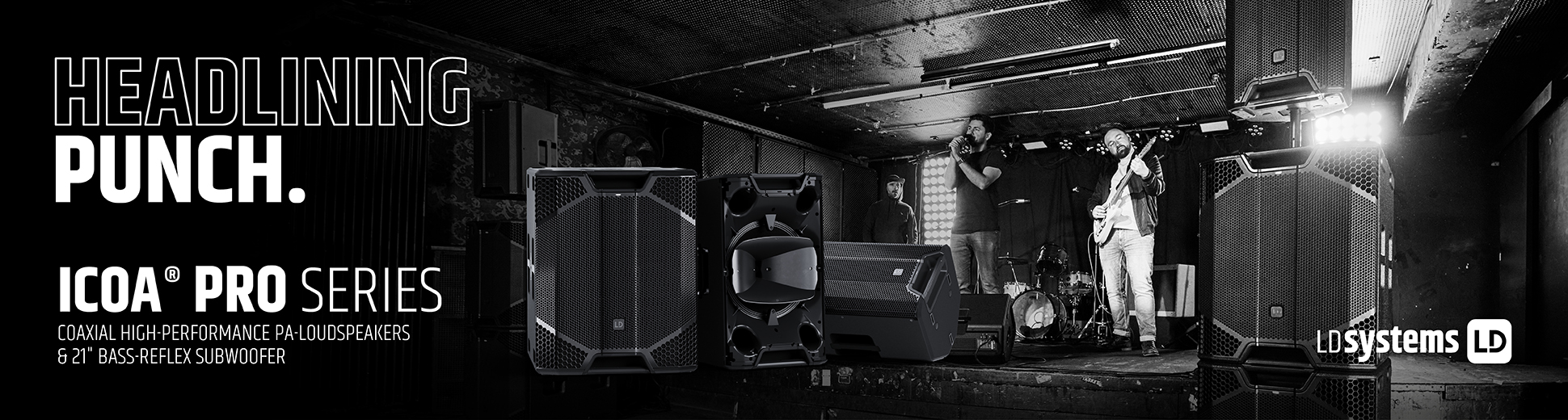 LD Systems ICOA Pro Series PA-Lautsprecher und 21-Zoll-Bassreflex-Subwoofer bei einem Live-Auftritt auf der Bühne