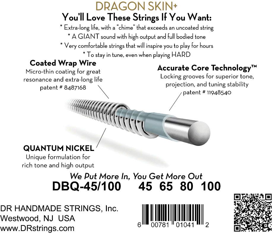 DR DBQ-45/100 DRAGON SKIN+ Light to Medium 045-100 Quantum Nickel Electric Bass Strings – Bild 3
