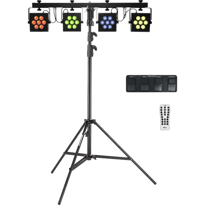 Lichtanlagen-Set, bestehend aus einer Chauvet DJ 4Bar Hex ILS mit vier RGB LED-Spots, einem Lichtstativ und Hand- und Fußfernbedienungen