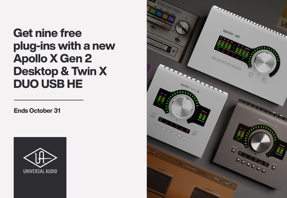 Universal Audio banner featuring Apollo X Gen 2 Desktop and Twin X DUO USB HE interfaces with promotion of nine free plug-ins until October 31.