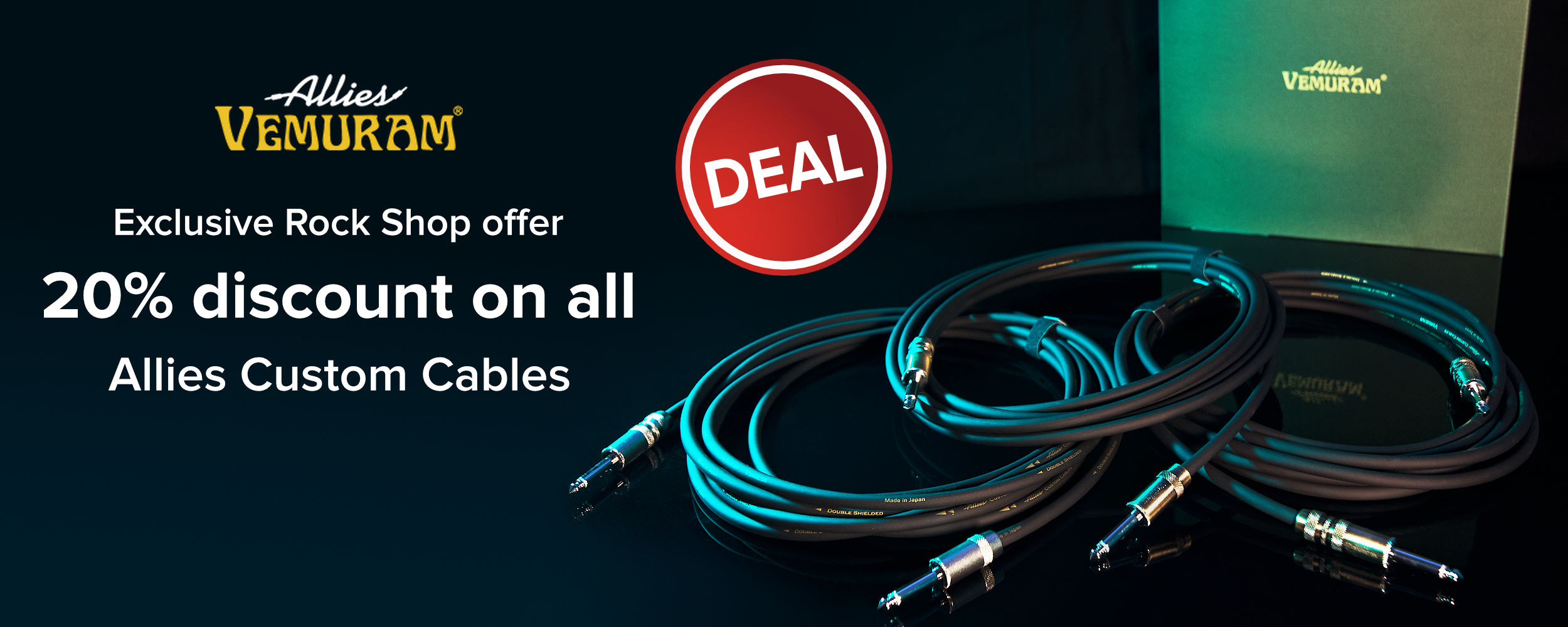 Banner with an image of three Vemuram Allies Custom instrument cables in the background. Next to it, the text: “Exclusive Rock Shop offer - 20% discount on all Allies Custom Cables”