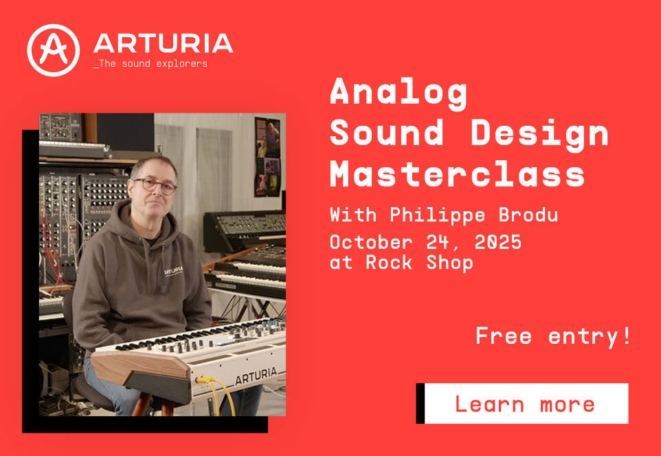 Arturia banner for the Analog Sound Design Masterclass with Philippe Brodu on October 24, 2025, at Rock Shop, free entry, showing a man in front of large modular synthesizers.