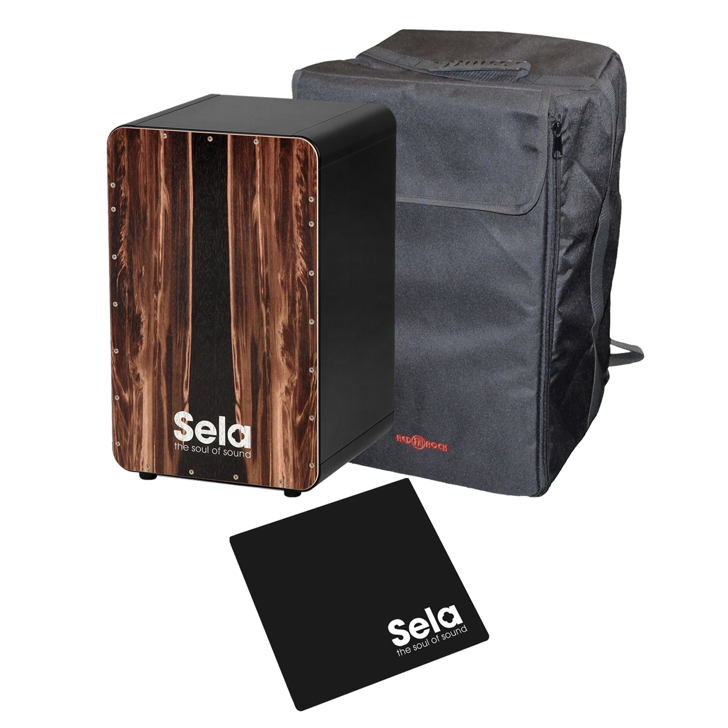 Sela CaSela Black - Dark Nut Cajon Bundle mit Red Rock Cajon Bag und Sela Sitzkissen