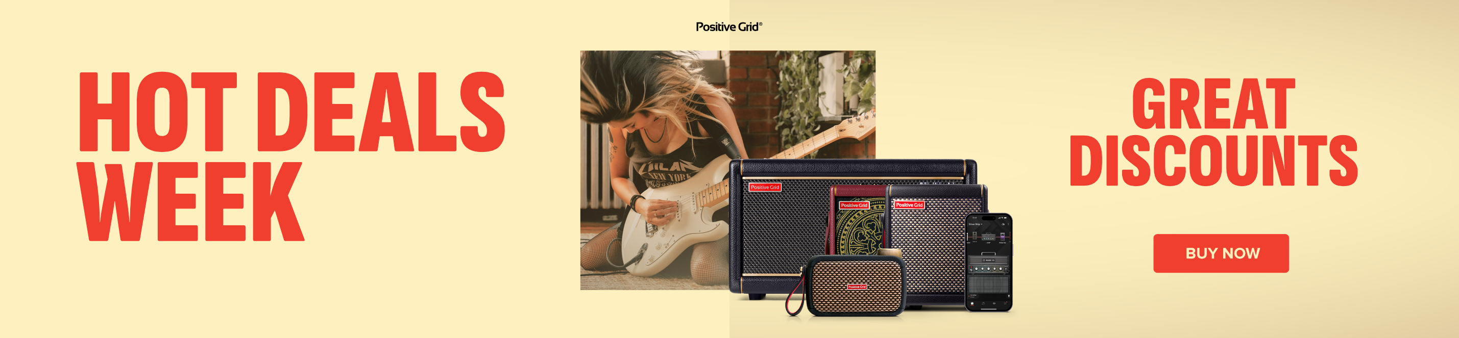 Positive Grid amps with a woman playing guitar on a beige background