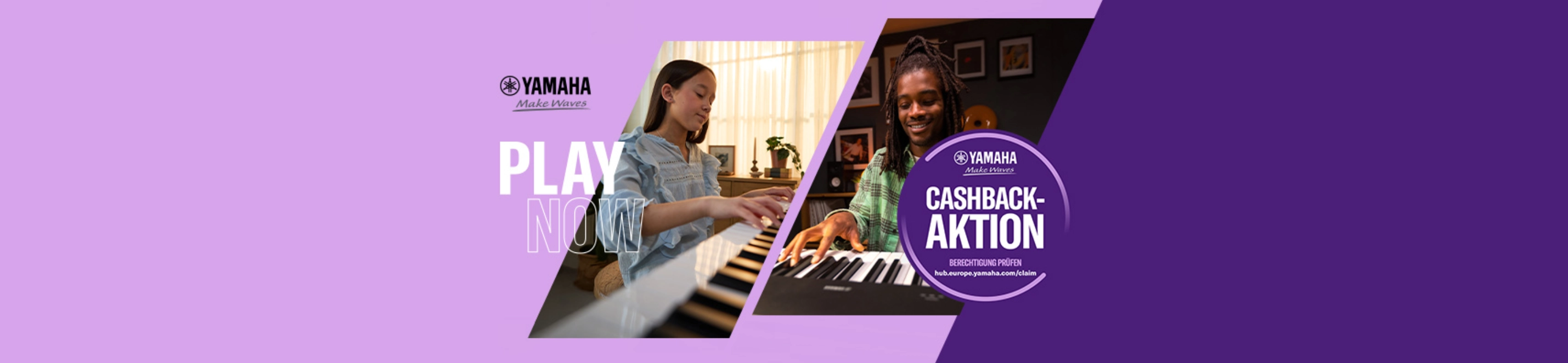 Yamaha “PLAY NOW” Werbebanner: Cashback-Aktion für Tastenisntrumente.