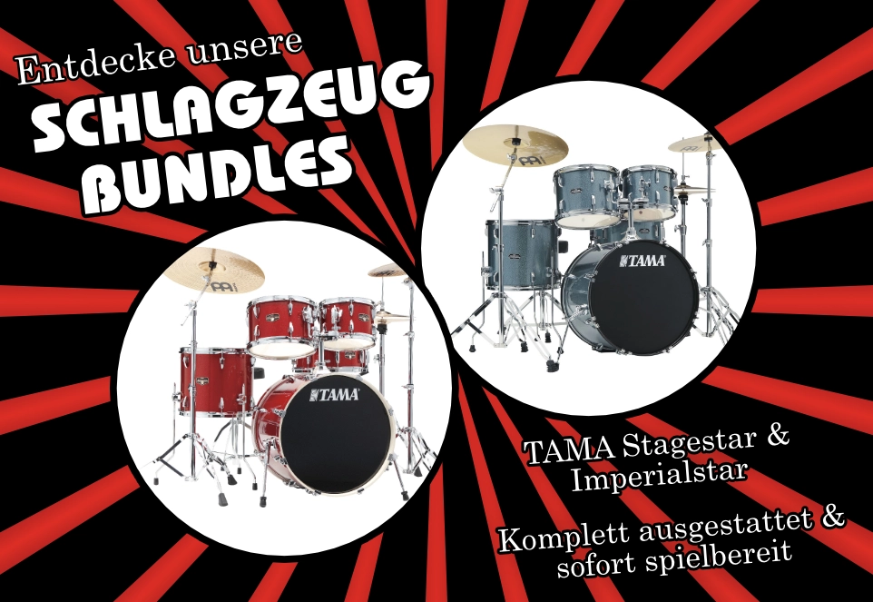 Banner für TAMA Stagestar & Imperialstar Schlagzeug Bundles, mit Bildern der beiden Schlagzeuge in der Mitte. Rechts der Hinweis „Komplett ausgestattet & sofort spielbereit“