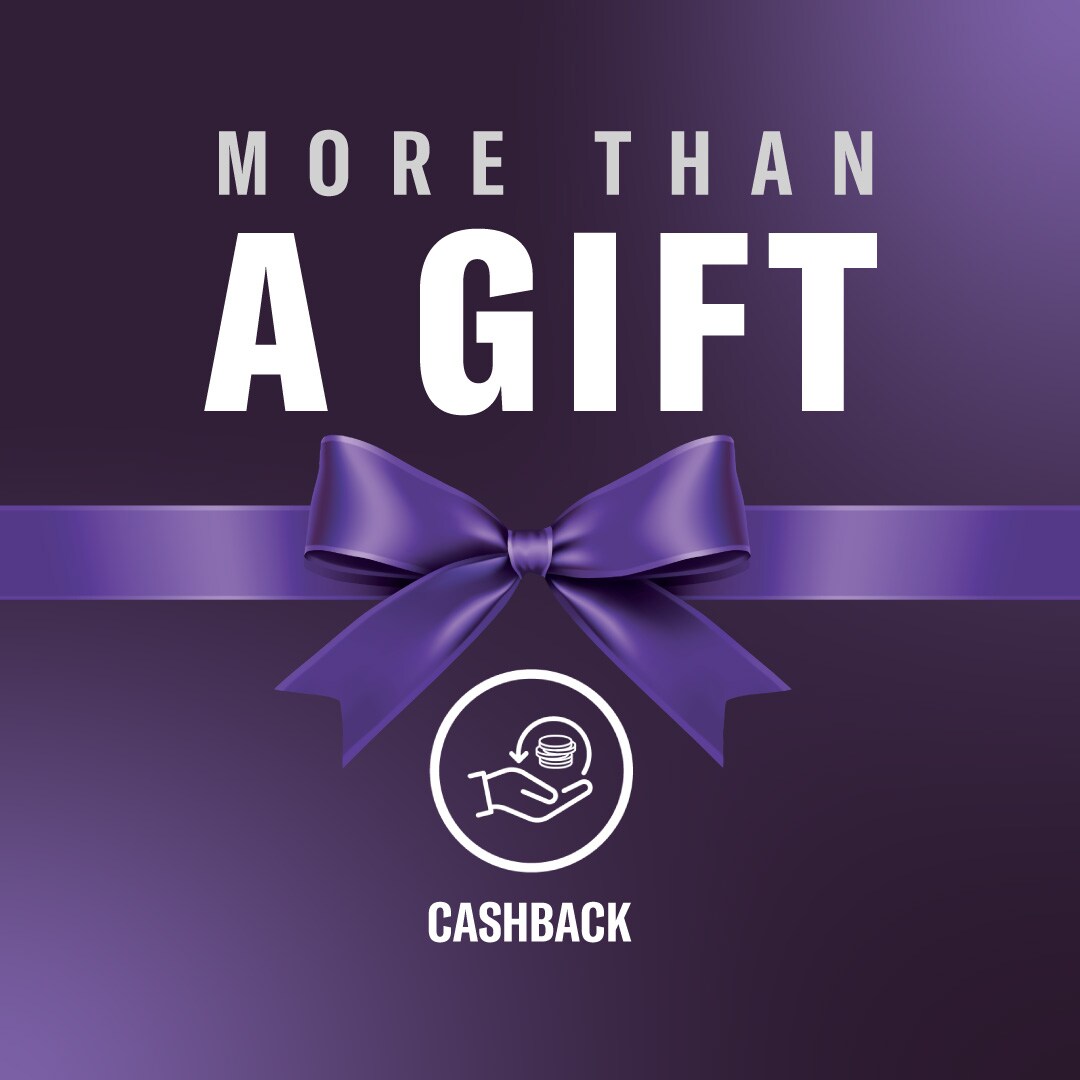 “More than a gift” graphic with bow and cashback symbol.