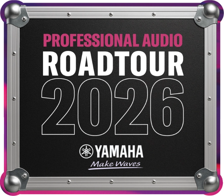 Logo-Grafik der Yamaha Professional Audio Roadtour 2026 im Stil eines schwarzen Flightcases.