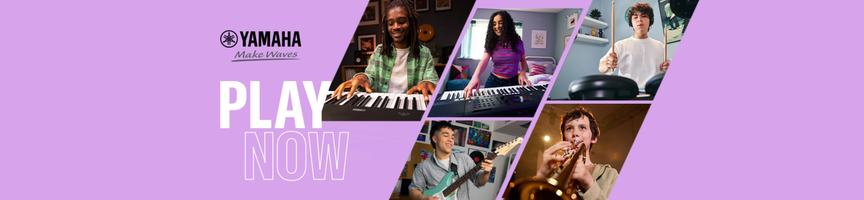 Yamaha-Werbebanner mit fünf jungen Menschen, die Keyboard, E-Drum, E-Gitarre und Trompete spielen; dazu der Schriftzug „PLAY NOW“.