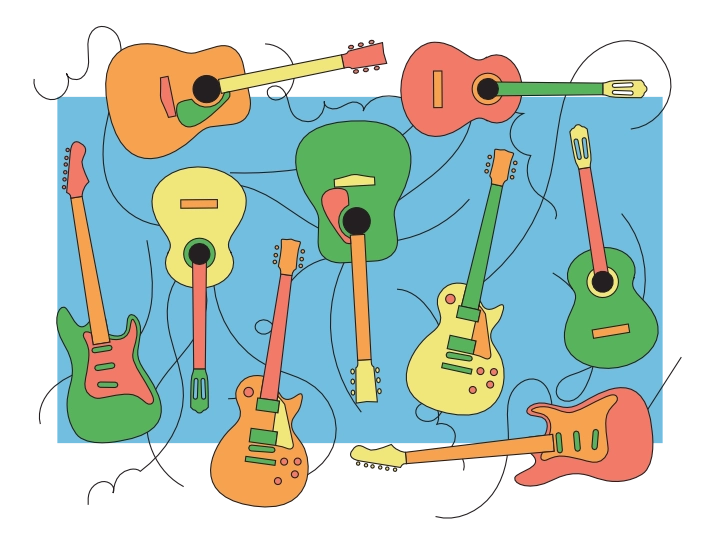 Comicartige Darstellung mehrerer Bunter Gitarren mit losen Saiten, vor blauem Hintergrund.