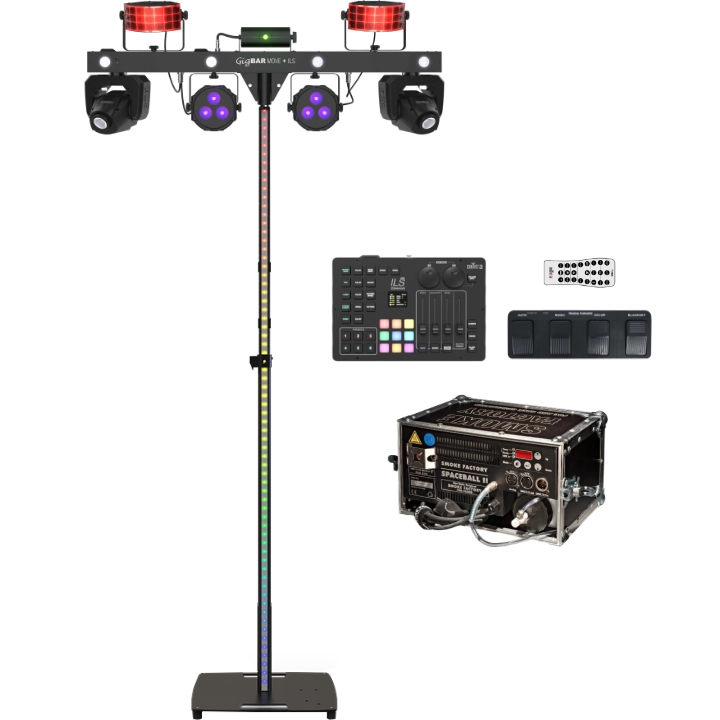 Lichtpaket Party S, bestehend aus einer Chauvet DJ GigBar Move Plus ILS mit beleuchtetem FLEXstand FX ILS Stativ, Lichtsteuerungsequipment und Nebelmaschine