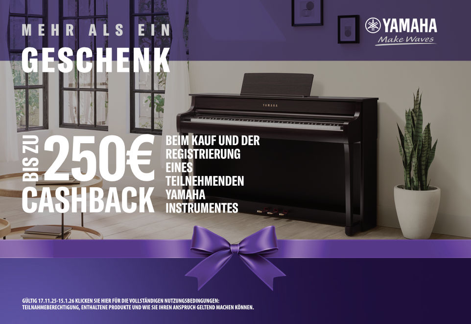 Yamaha „Mehr als ein Geschenk“ Banner für bis zu 250€ Cashback, beim Kauf und der Registrierung eines teilnehmenden Yamaha Instrumentes. Im Hintergrund das Bild eines Home-Pianos.