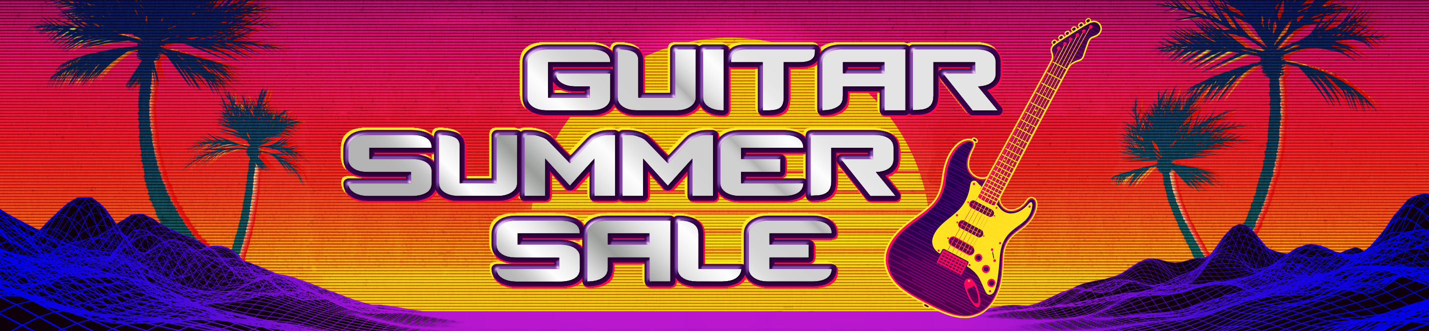 Retro-Synthwave-Grafik im 80er-Jahre-Stil mit Sonnenuntergang, Palmen, E-Gitarre und dem Text ‚Guitar Summer Sale‘.