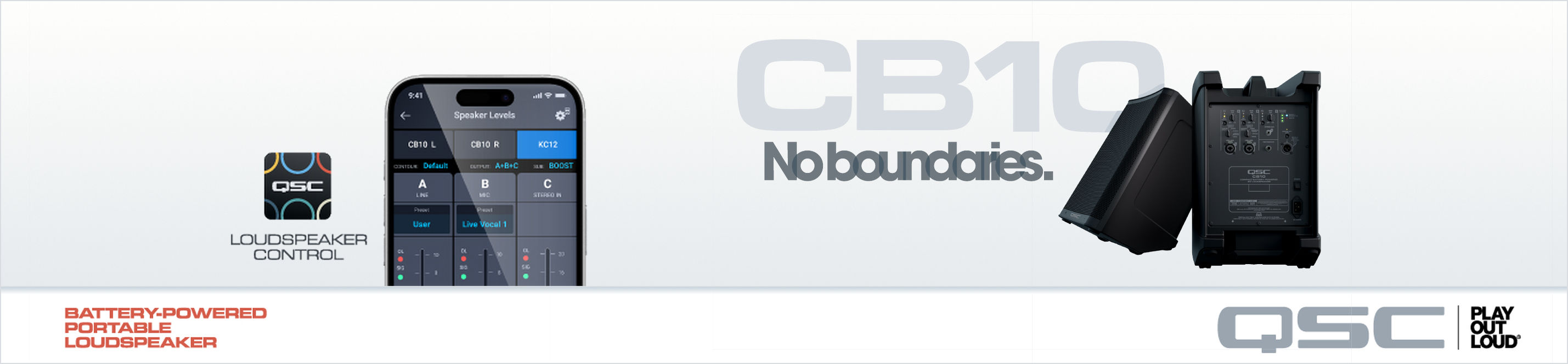 Werbebanner für die portablen QSC CB10 Akku Lautsprecher, mit dem Slogan „No boundaries.“ Daneben ein Smartphone mit der QSC Loudspeaker Control App.
