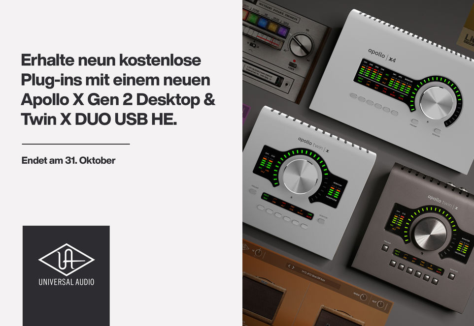Universal Audio Banner mit Apollo X Gen 2 Desktop und Twin X DUO USB HE Interfaces, Hinweis auf neun kostenlose Plug-ins bis 31. Oktober.