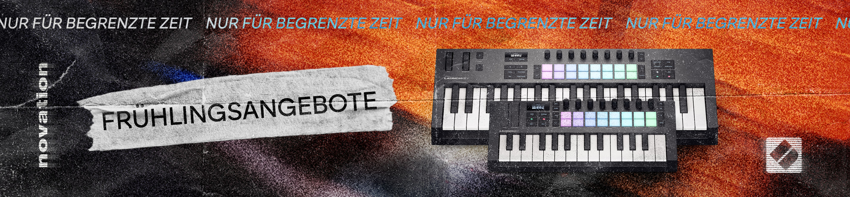 Novation Banner mit Abbildungen der Masterkeyboards Launchkey Mini 25 MK4 & Launchkey 37 MK4. Dazu der Titel „FRÜHLINGSANGEBOTE“ und ein Text: „NUR FÜR BEGRENZTE ZEIT“
